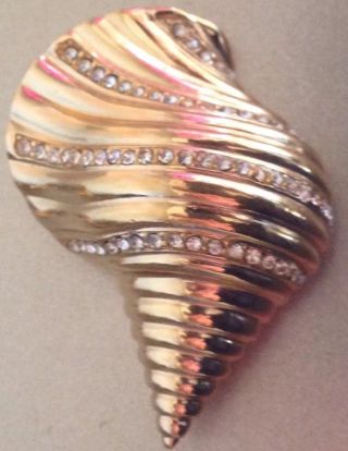 Vintage Large Christian Dior Concha Seashell Brooch Pin Gold - Tone Crystal