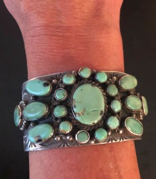 Vintage Signed Native American Sterling Silver Turquoise Cuff Bracelet