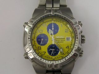 Vintage Seiko Alarm Chronograph Watch Yellow Dial W/ Band 7t32 - 6k19