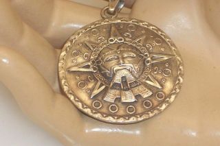 Vintage Mexican Silver Aztec Myan Calendar Pendant 1 1/2 " Diameter Detail Design