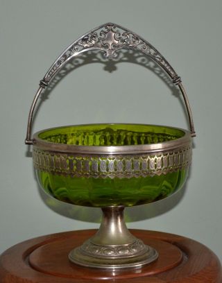 Large Wmf Epns Silver Plated Basket With Fitted Green Glass Liner C1900