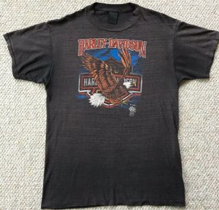 Vintage 3d Emblem Harley - Davidson 1985 80s Eagle North End Plattsburgh Ny Shirt