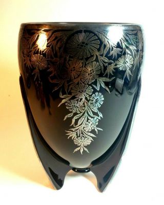 Art Deco Black Amethyst Glass Vase W Sterling Silver Overlay