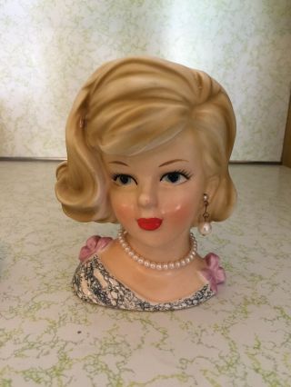 Vintage Lady Head Vase,  1950s Attire,  Pearls,  Pink Bows,  Blonde Hair,  Red Lips