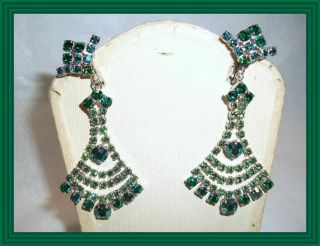 Sherman Emerald Green Ab - 2.  75 " Openwork Fan Motif Pendant Style Earrings Nr