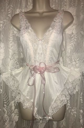 Vtg Rare L Xl Tosca White Bridal Teddy Nightie Frilly Lace Pink Trim Snap Gusset