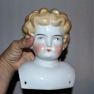 Antique German China Blonde Hair Blue Eyes Vtg 7 " Shoulder Head For Large Doll