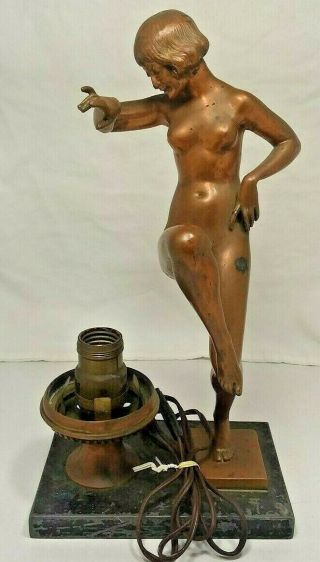 Vintage Art Deco Cast Iron Copper Nude Woman Desk Table Lamp 13.  5 " H