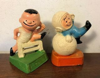2 Vintage Chalkware Peanuts Charlie Brown Astronaut Olympic Hurdles Figurine