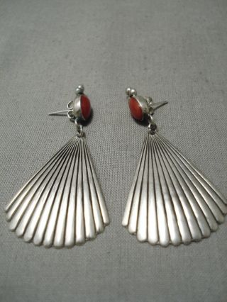 Detailed Vintage Navajo Hand Carved Sterling Silver Coral Earrings Old