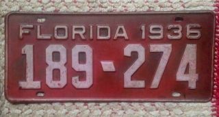 1936 Florida Passenger Vintage Car License Plate Auto Tag 189 - 274 Fla