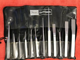 Vintage Craftsman Hammer Forged Chrome Punch And Chisel 11 Piece Set With Pouch