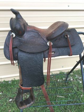 Used/vintage 13 " Textan Western Youth Saddle Tooled Dark Oil Leather Us Made