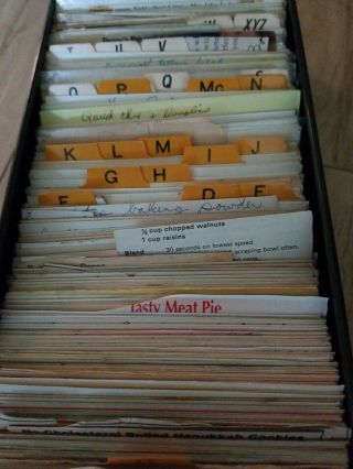 Vintage Recipe Box Assorted Clippings Typed and Handwritten in Weis Steel Box 6