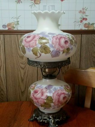 Vintage Hurricane Lamp White Milk Glass / Pink Floral Roses 19 1/2 " Tall