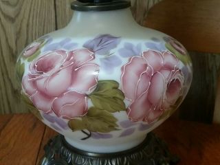 Vintage Hurricane Lamp White Milk Glass / Pink Floral Roses 19 1/2 