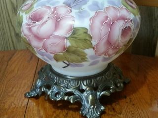 Vintage Hurricane Lamp White Milk Glass / Pink Floral Roses 19 1/2 