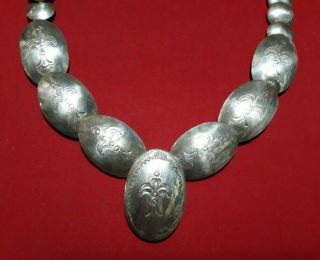 Vintage Navajo Handmade Stamped Sterling Silver Pillow Beads Necklace 60g