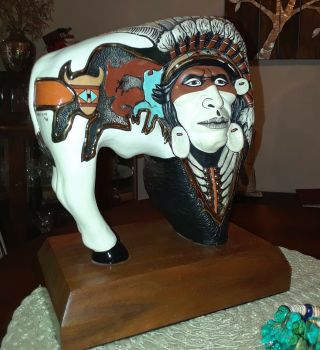 Vintage Rare Native American Kathryn Yauney Buffalo Warrior Statue 7