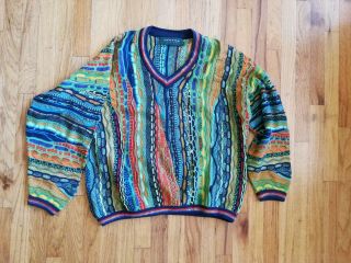 Vintage 90s Tundra Cosby Sweater V Neck Multicolored Size Medium Coogi Style