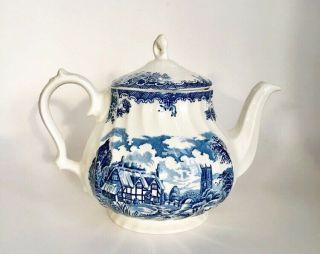 Vtg Teapot Churchill The Brook Blue White England 5 Cup Staffordshire