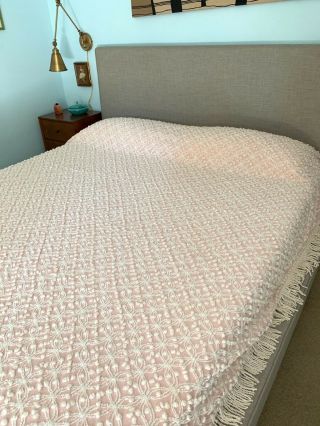 Vintage Chenille Bedspread Dusty Rose Cream Tufted Popcorn Fringe Shabby Chic 7