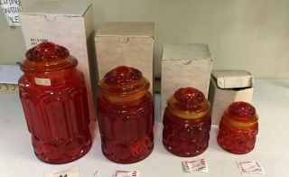 L.  E.  Smith Red Amberina Moon Stars Canister Full Set 4 W/ Lids Vintage W/boxes