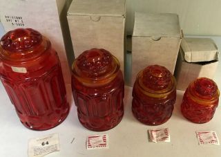 L.  E.  Smith Red Amberina Moon Stars Canister Full Set 4 W/ Lids Vintage W/Boxes 3