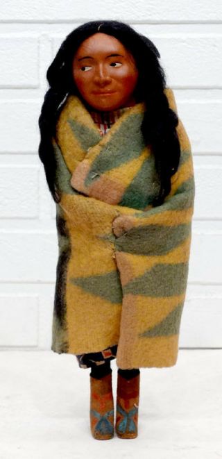 Antique Vintage 11 " Skookum Bully Good Indian Doll With Papoose / Blanket Robe