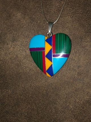 Vintage Zuni Puffy Heart 925 Sterling Mosaic Inlay Turquoise Necklace