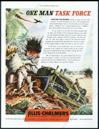 1944 Us Navy Seabees Bulldozer Wwii Battle Art Allis - Chalmers Vintage Print Ad