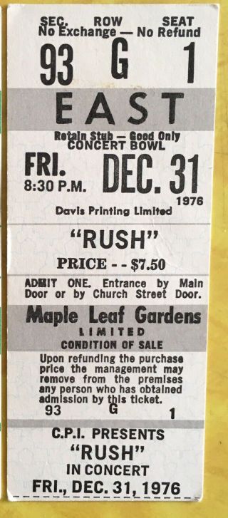 Vintage Rush Concert Ticket Maple Leaf Gardens Grey