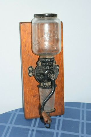 Vintage Antique Crystal Arcade 3 Wall Mount Coffee Grinder Mill Cast Iron Glass