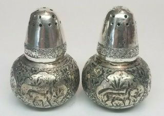 Antique Persian Solid Silver Salt & Pepper Shakers W/ Animals,  Signed 68.  8g