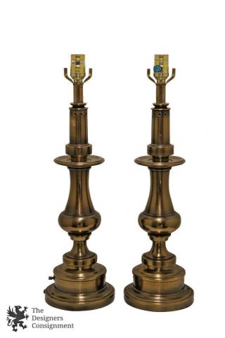 2 Mid Century Stiffel Polished Brass Table Lamps 23 " Light Hollywood Regency Vtg