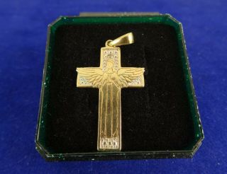 Vintage 9ct Gold Diamond Cross With Angel Protect Me Pendant Gift Hm 2.  7cm 1070n