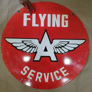 FLYING A SERVICE 2 SIDED 2 PC VINTAGE PORCELAIN SIGN 30 INCHES ROUND 2