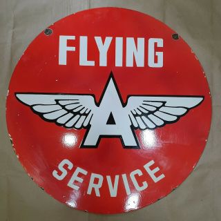 FLYING A SERVICE 2 SIDED 2 PC VINTAGE PORCELAIN SIGN 30 INCHES ROUND 3