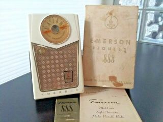 Vintage Ivory Emerson 888 Transistor Radio W/ Box,  Manuals,  & Stand