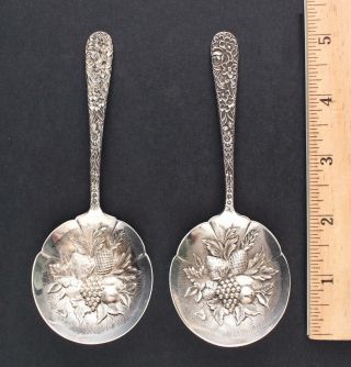 2 Antique S Kirk & Son Sterling Silver Repousse Berry Spoons,