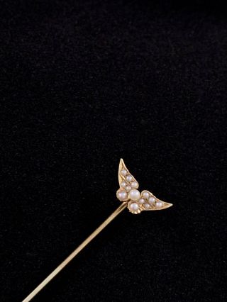 Vintage Art Nouveau 14k Yellow Gold Stick Pin W/ Seed Pearls: Angel Wings