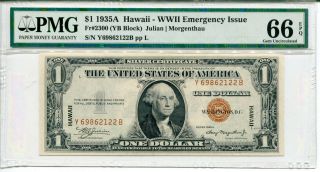 1935 A $1 Silver Certificate Hawaii Pmg Gem Unc 66 Epq Rare Y - B Block