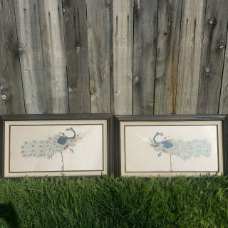 Vtg Pair Silk Peacock Pictures Needlepoint Embroidered Fabric Art Framed 30x18