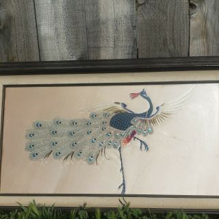 VTG Pair Silk Peacock Pictures Needlepoint Embroidered Fabric Art Framed 30x18 2