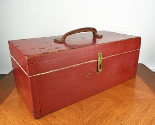 Vintage Primitive Hand Made Red Painted Heavy Wood Leather Handle Tool Box