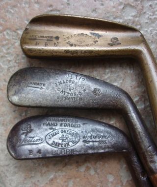 3 Antique Vintage 1915 J.  Macgregor Hickory Wood Shaft Golf Clubs Bobbie Iron