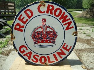 Vintage Red Crown Gasoline Porcelain Gas Station Pump Sign