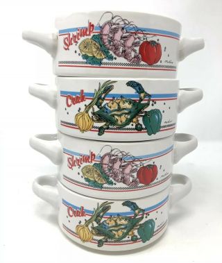 Cajun Classics 1986 Handled Gumbo Bowl Soup Set 4 Shrimp Crab Vintage Louisiana