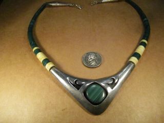 Vtg Sterling Silver & Malachite/bone Beaded Necklace,  Unsigned,  18 ",  70.  7g
