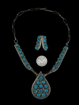 Vintage Navajo Necklace And Earrings Set - Sterling Silver And Turquoise